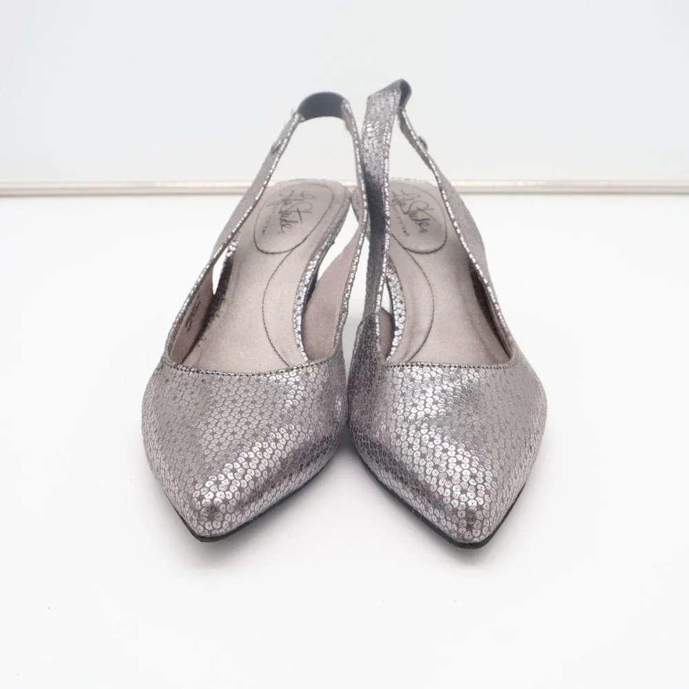 LifeStride Shena Pump Womens US 7.5W Silver Stiletto Heel Slingback Dress Shoes